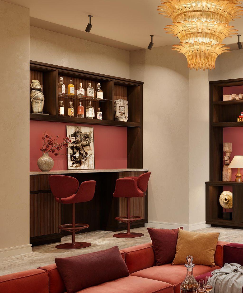 Retro living room with custom media wall and home bar from California Closets