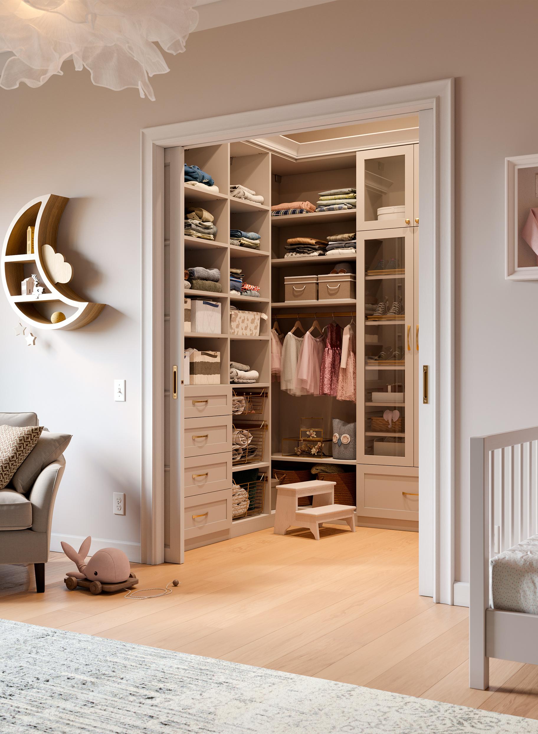 Walk in kids closet shelving by California Closets