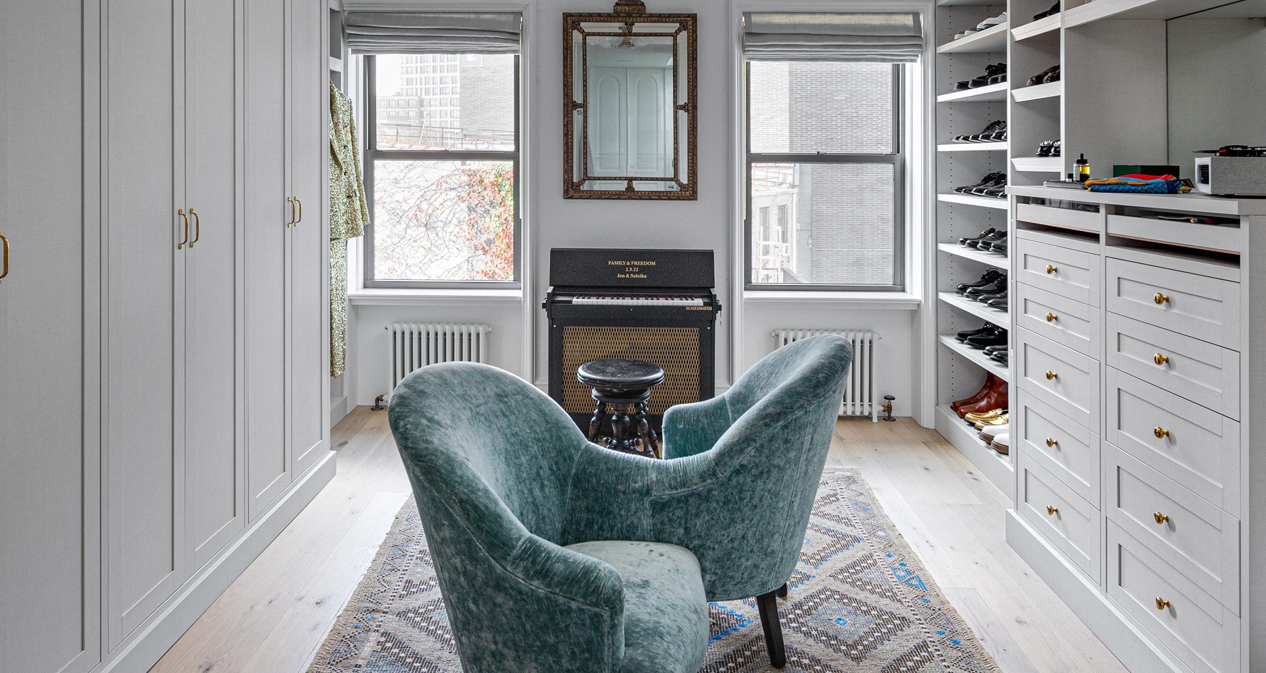 Jon Batiste's custom walk in closet he shares with his wife, Suleika Jaouad designe from California Closets