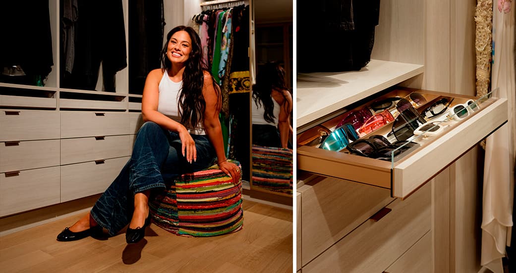 A custom, organized drawer for sunglasses and accessories in a custom closet for Ashley Graham from California Closets