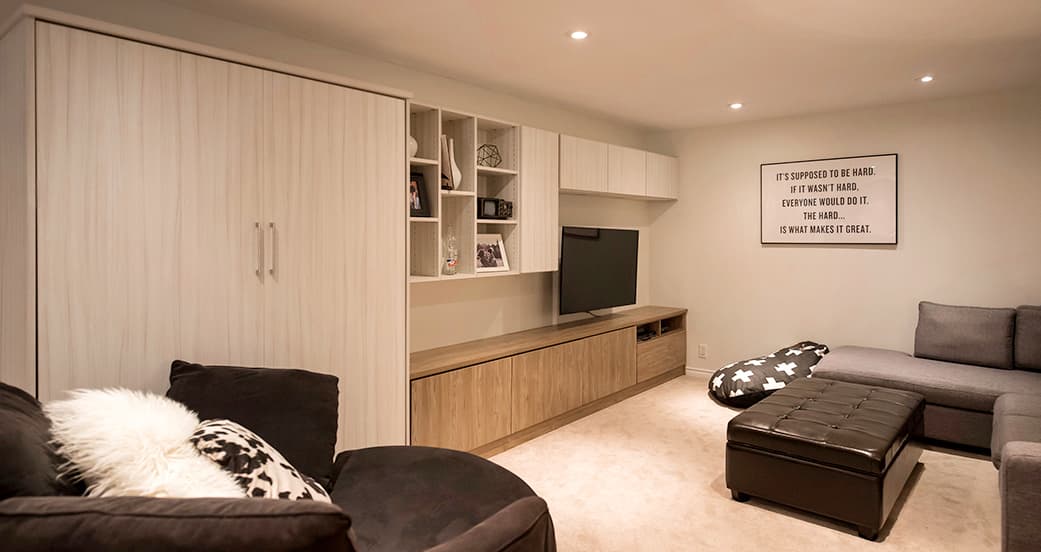 Finished basement used for family entertainment center with media storage from California Closets