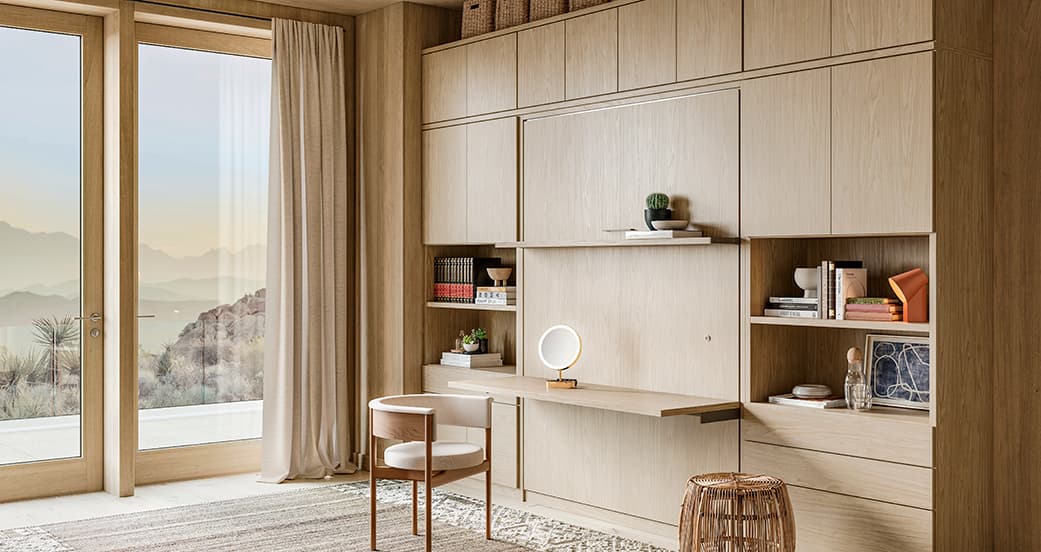Cama murphy personalizada cerrada para revelar escritorio integrado en oficina en casa de California Closets