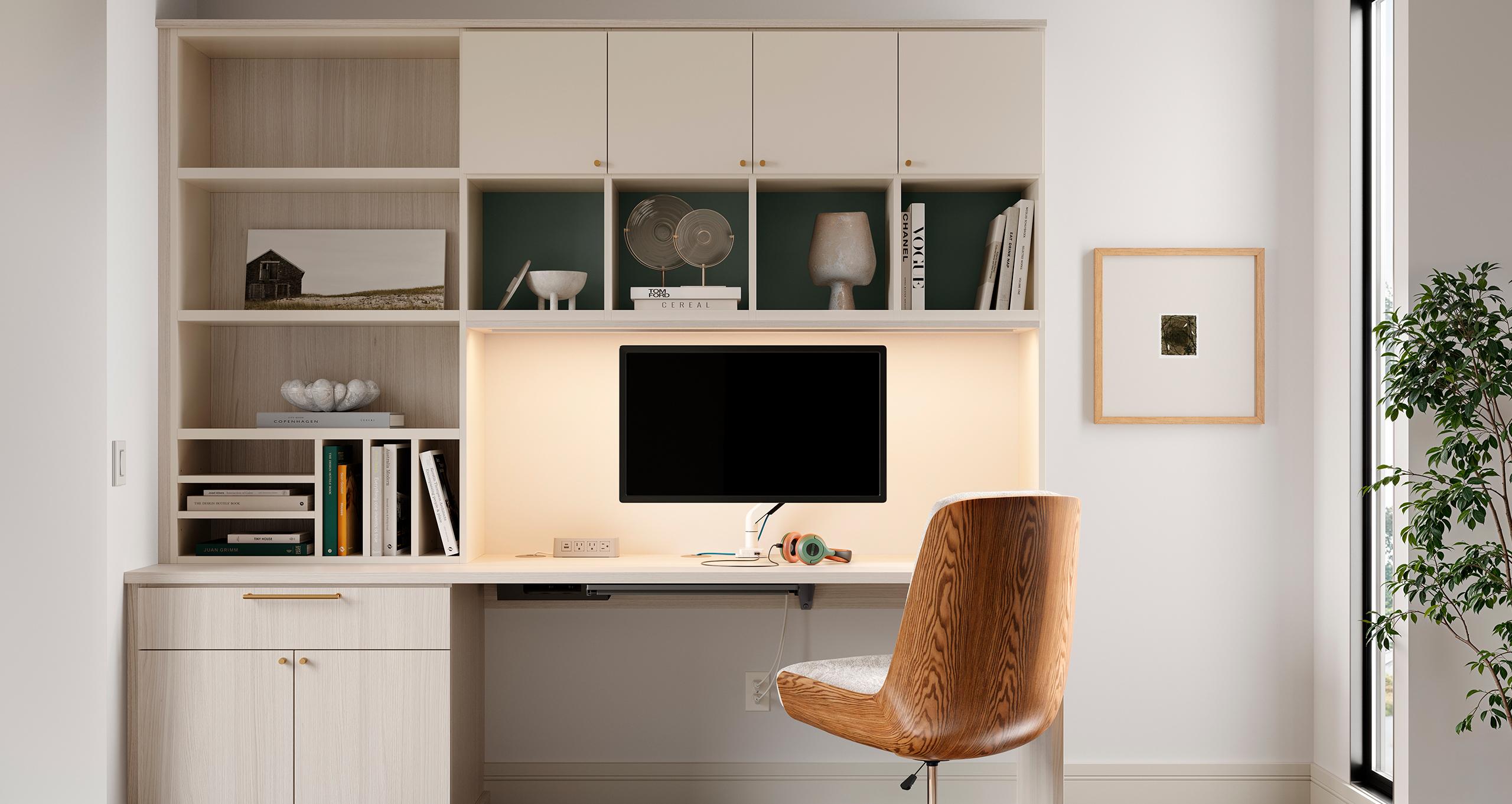 Ideas de almacenamiento y organizacion para escritorio en casa con repisas y cubos de California Closets