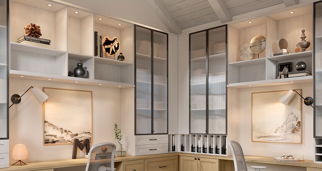 Espacio de trabajo dual personalizado para el hogar con accesorios de organizacion de California Closets