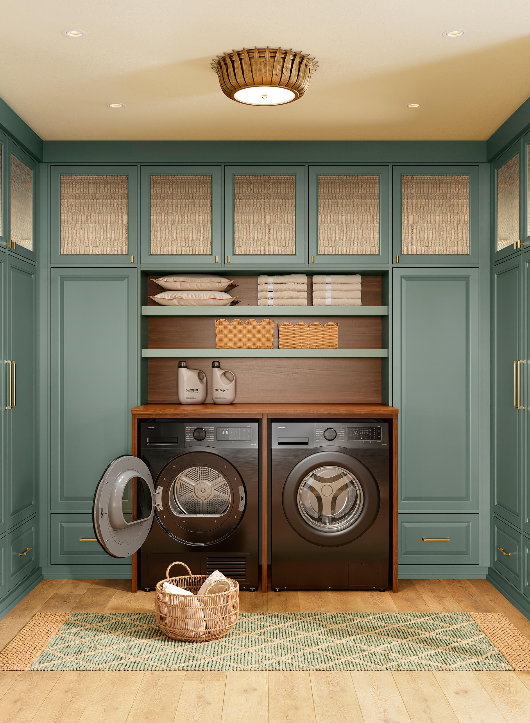 Cuarto de lavandería diseñado con gabinetes personalizados en acabado verde Desert Agave de California Closets