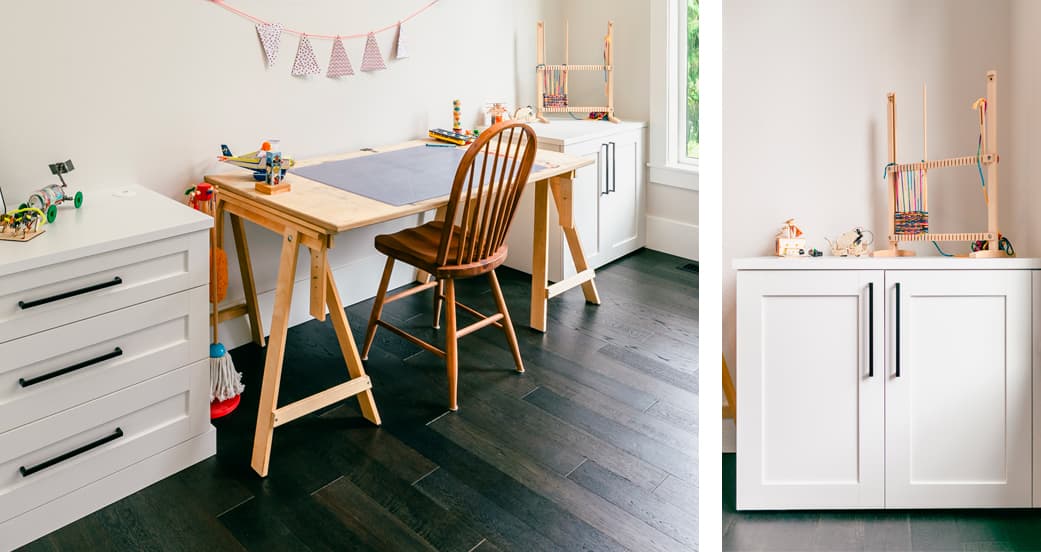 Artist studio for play, gaming and crafting with white finish cabinets from California Closets