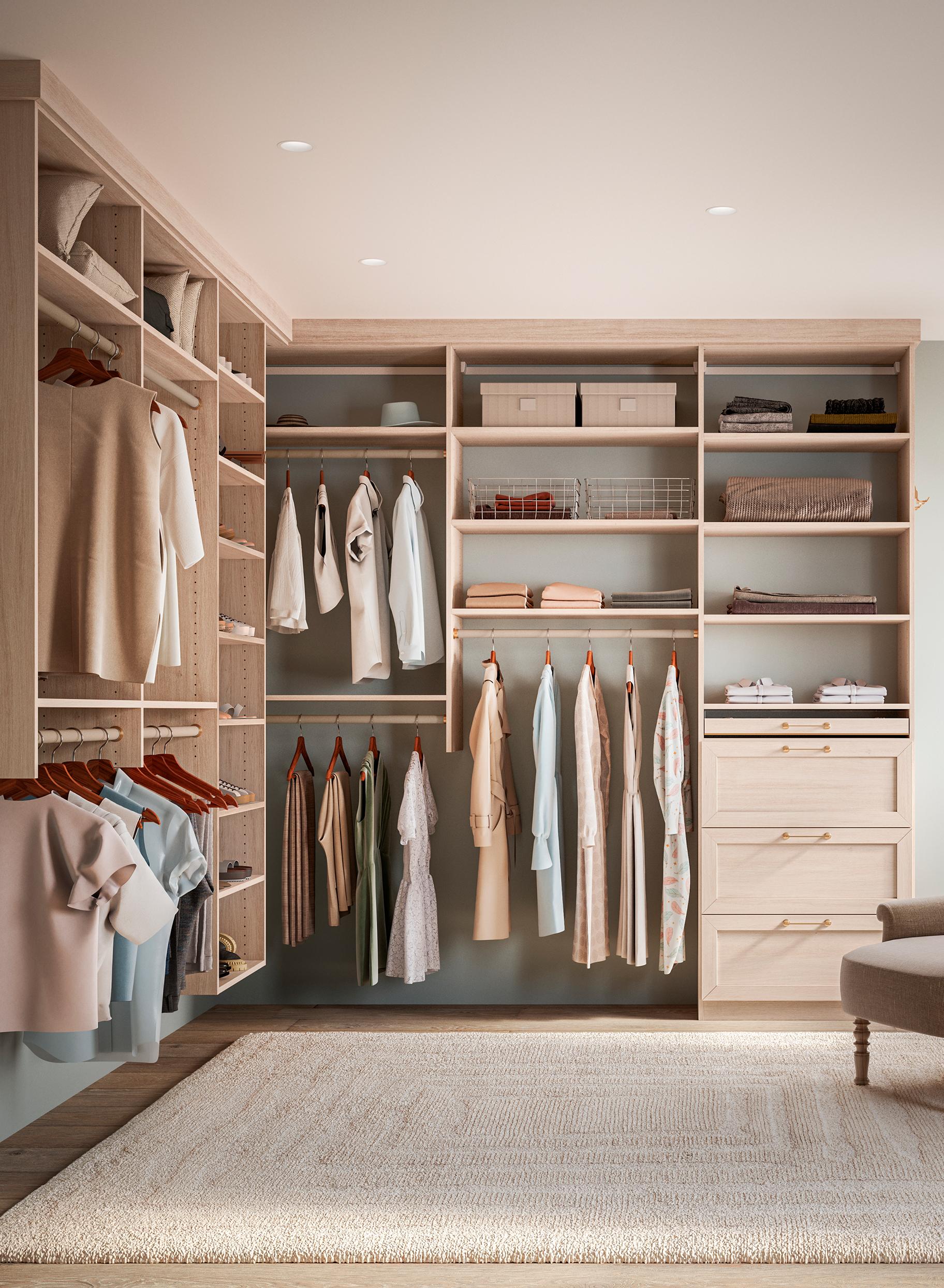 Formato de vestidor personalizado con repisa y cajones elevados del piso, de California Closets
