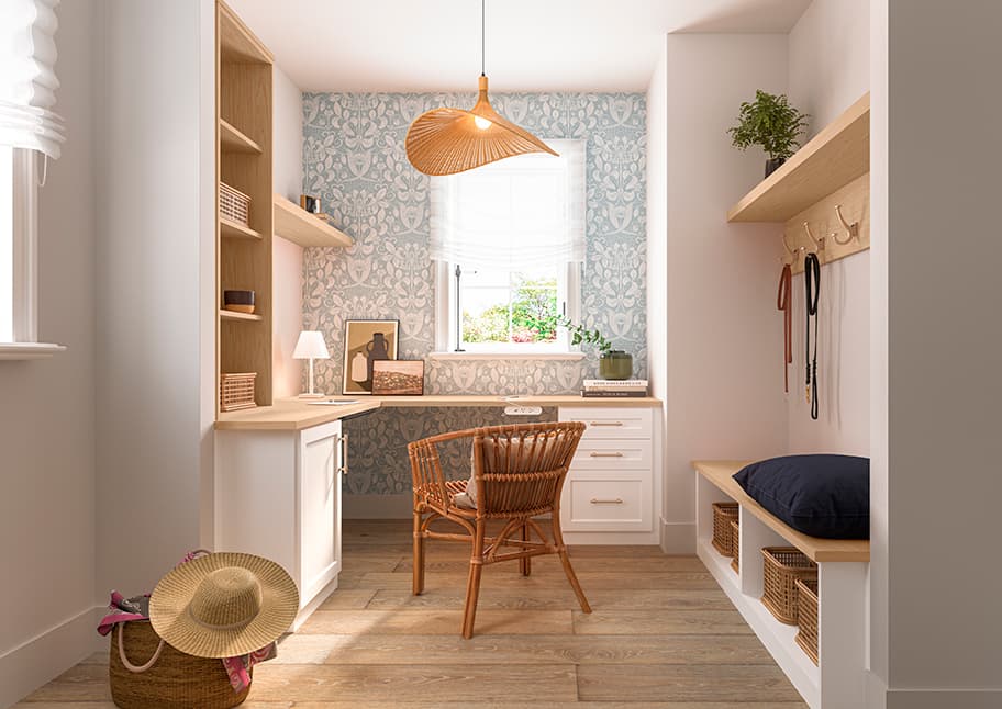 Custom mudroom for Incline Craftsman home in a wood grain finish by California Closets.