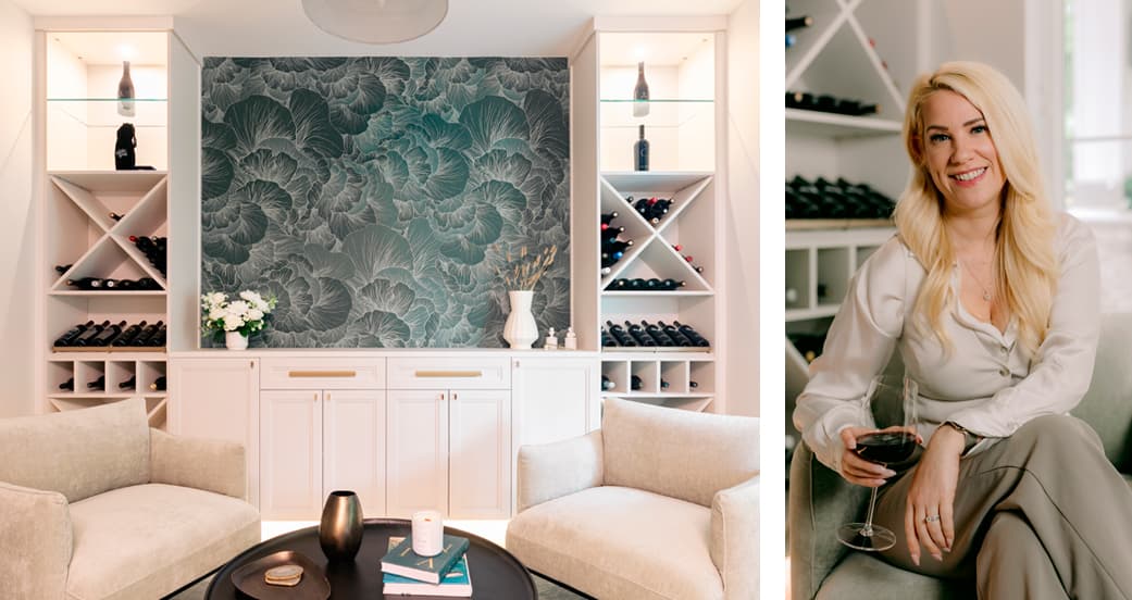 Bar diseñado con iluminación personalizada, repisas en forma de X para almacenamiento de vino y gabinetes de California Closets