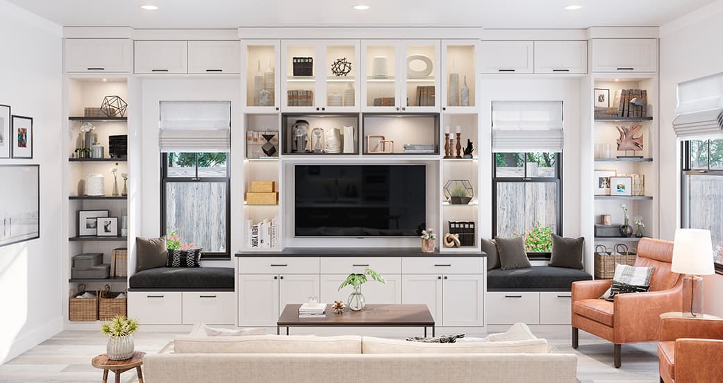 Custom built in entertainment center with glass doors by California Closets.