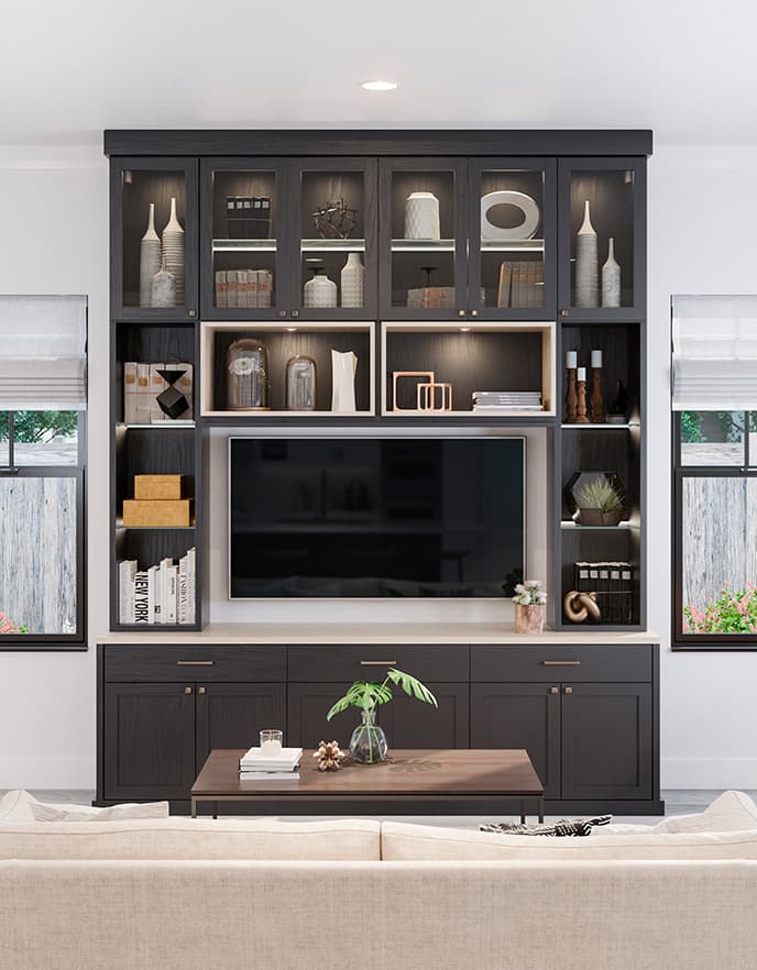 Mueble de recibidor bicolor con estación de alimentación para mascotas y nicho tecnológico integrado de California Closets