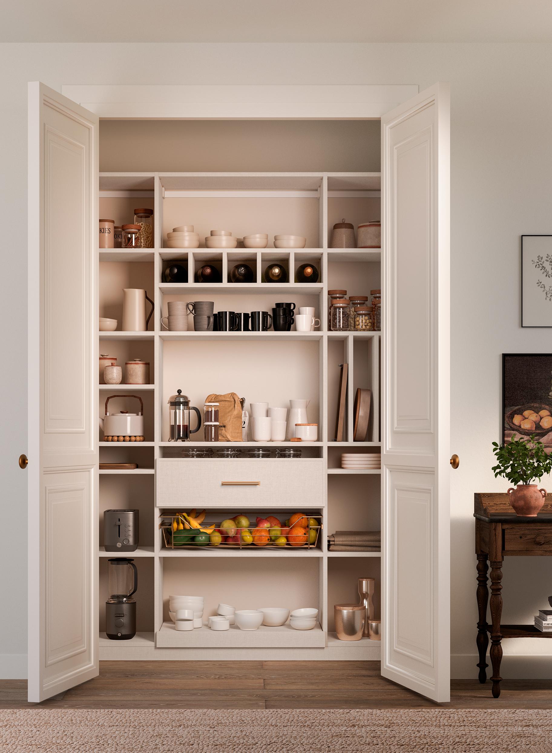 Pantry closet design in reach-in-style with cubbies and shelves from California Closets