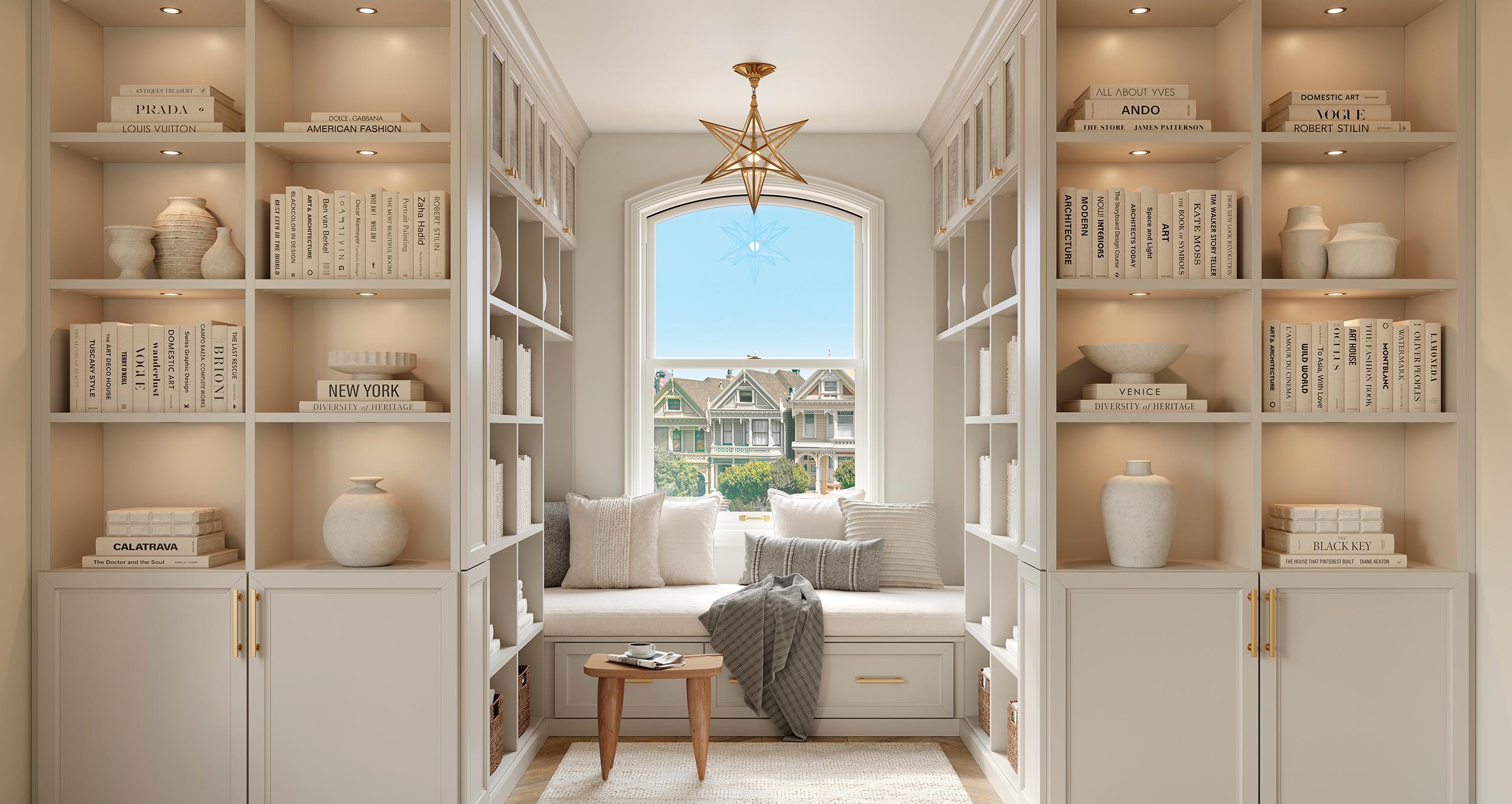 Soluciones de repisas personalizadas con banco bajo la ventana, diseño a medida por California Closets.