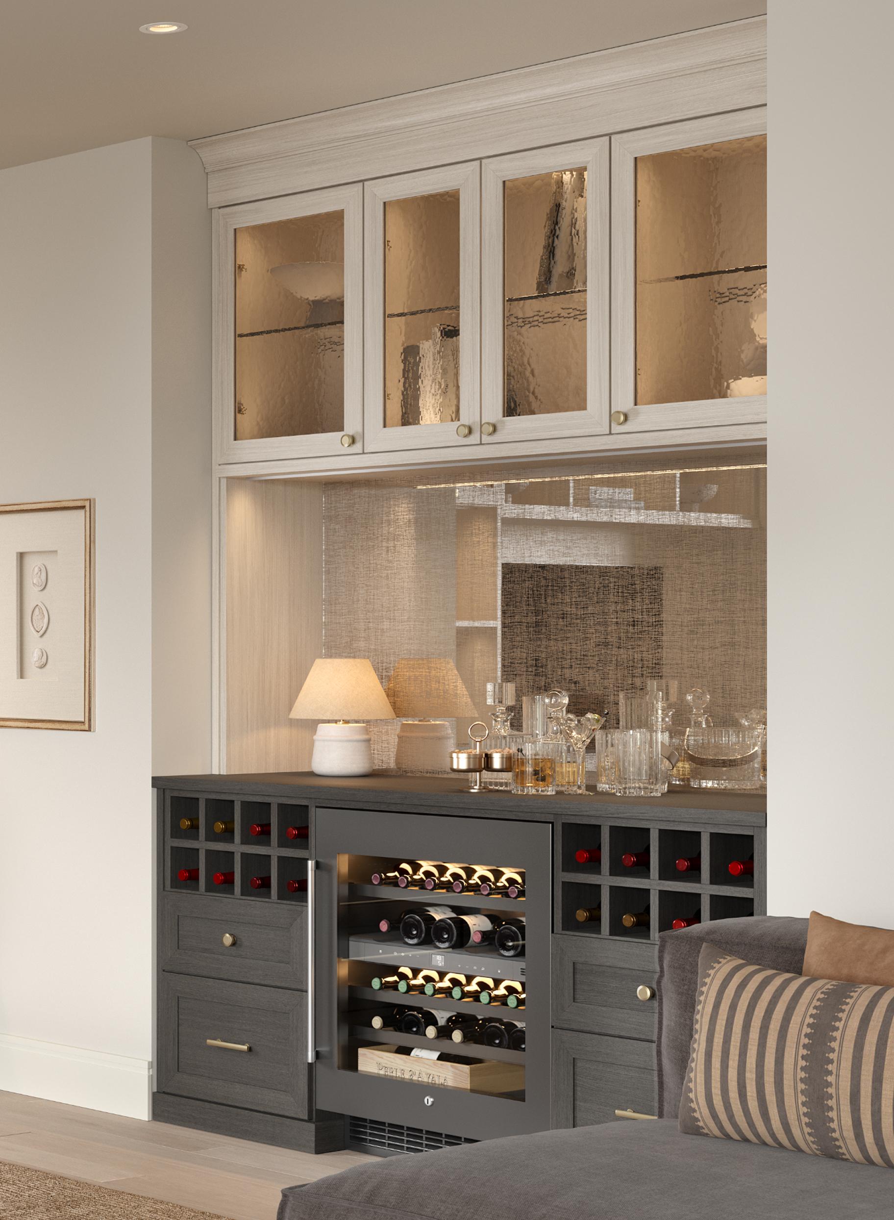 Sistema de bar para el hogar de pared a pared con almacenamiento para vino y estantería en acabado gris oscuro de California Closets