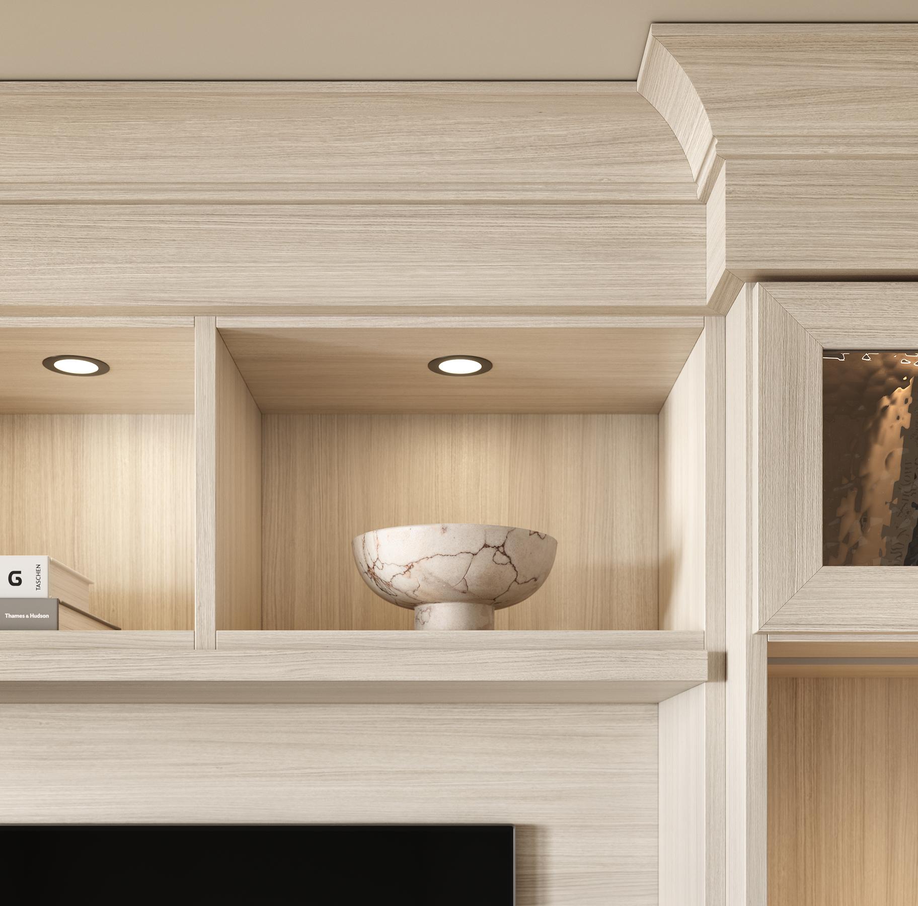 Centro de medios para sala de estar con vista de cerca de estantería personalizada e iluminación LED de California Closets