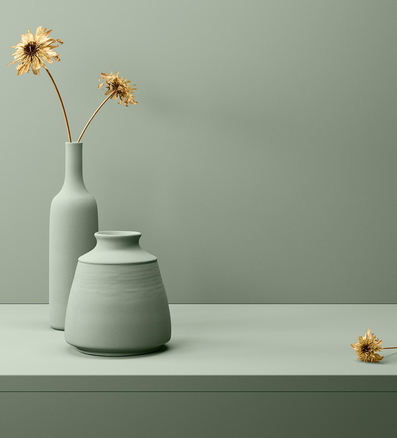 Custom grey wood grain finish shown with gloss vase and flowers created by California Closets