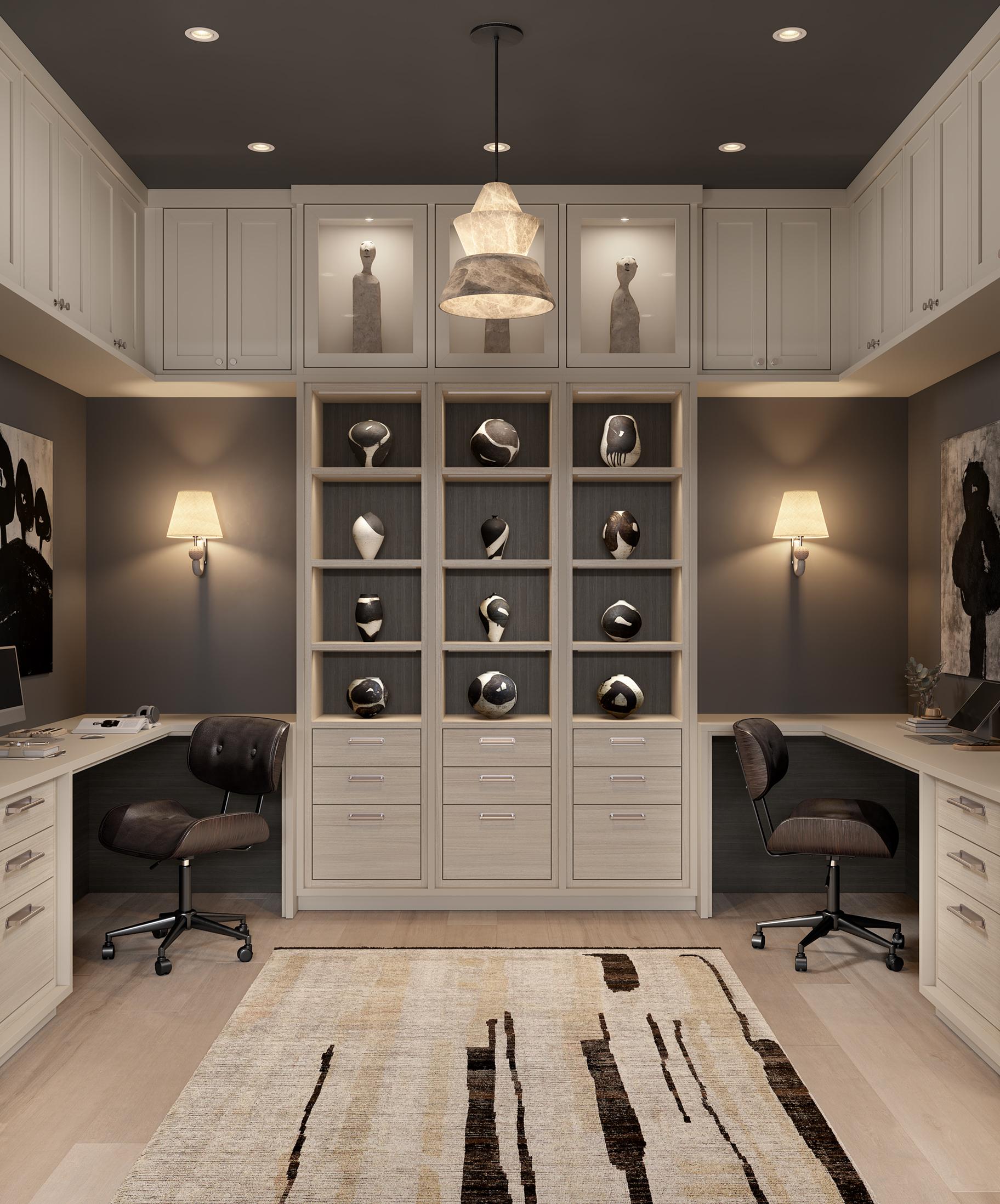 Oficina en casa en forma de U para espacios de coworking diseñada en un acabado mate claro de California Closets