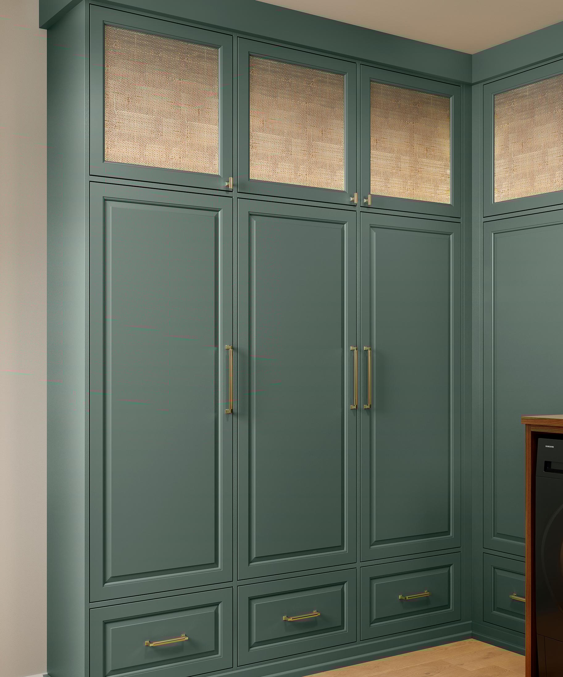 Laundry room cabinets doors and drawers in Desert Agave finish from California Closets