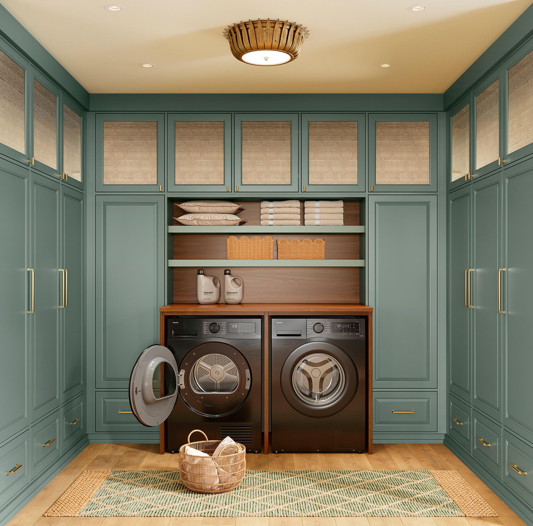 Green finish in Desert Agave finish used for laundry room and entryway from with California Closets