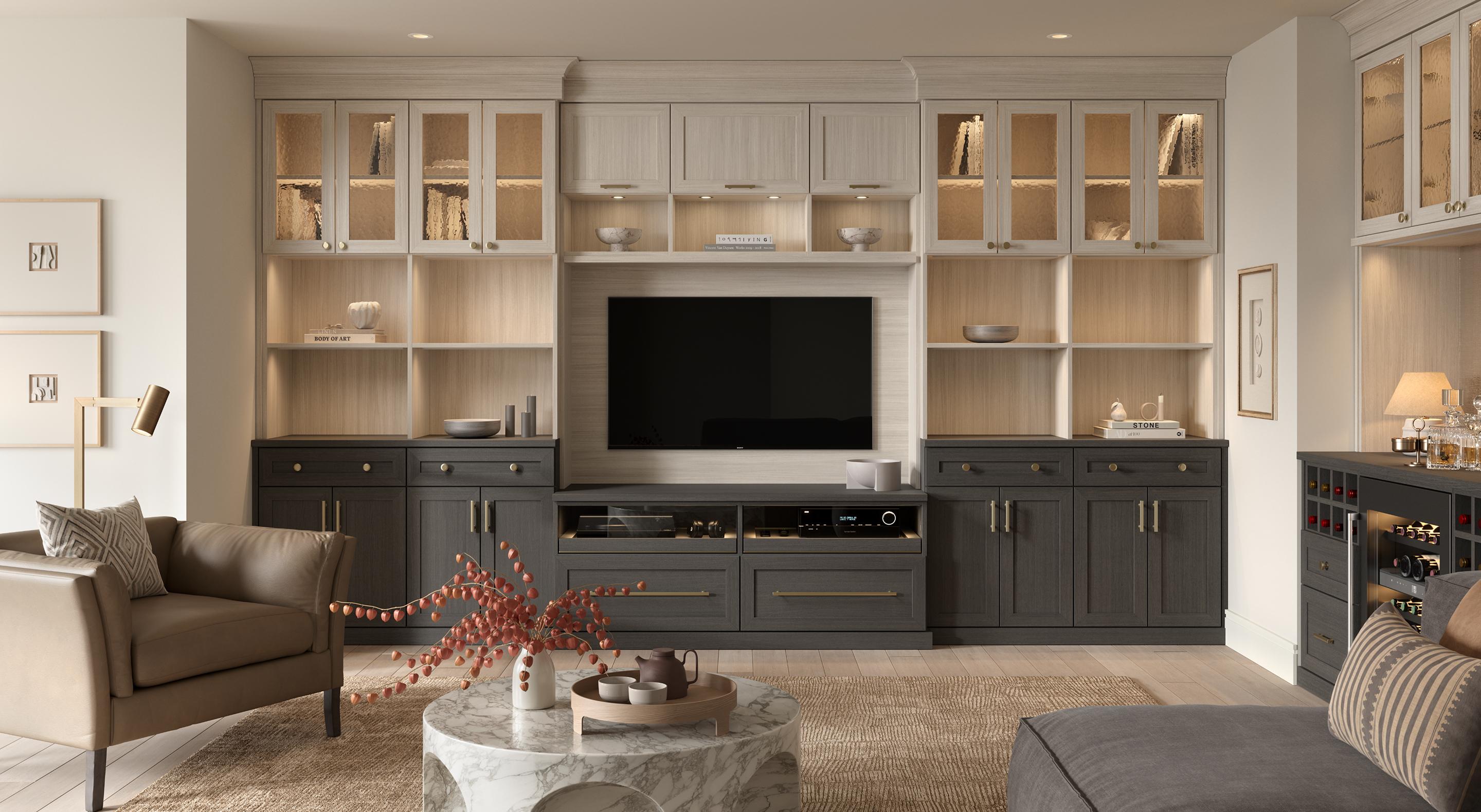 Transitional Tarrytown home design with a custom media center from California Closets