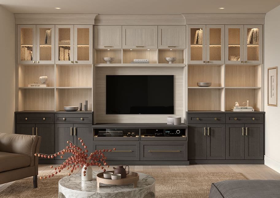 Tarrytown transitional custom media center with custom shelving and LED lighting design by California Closets