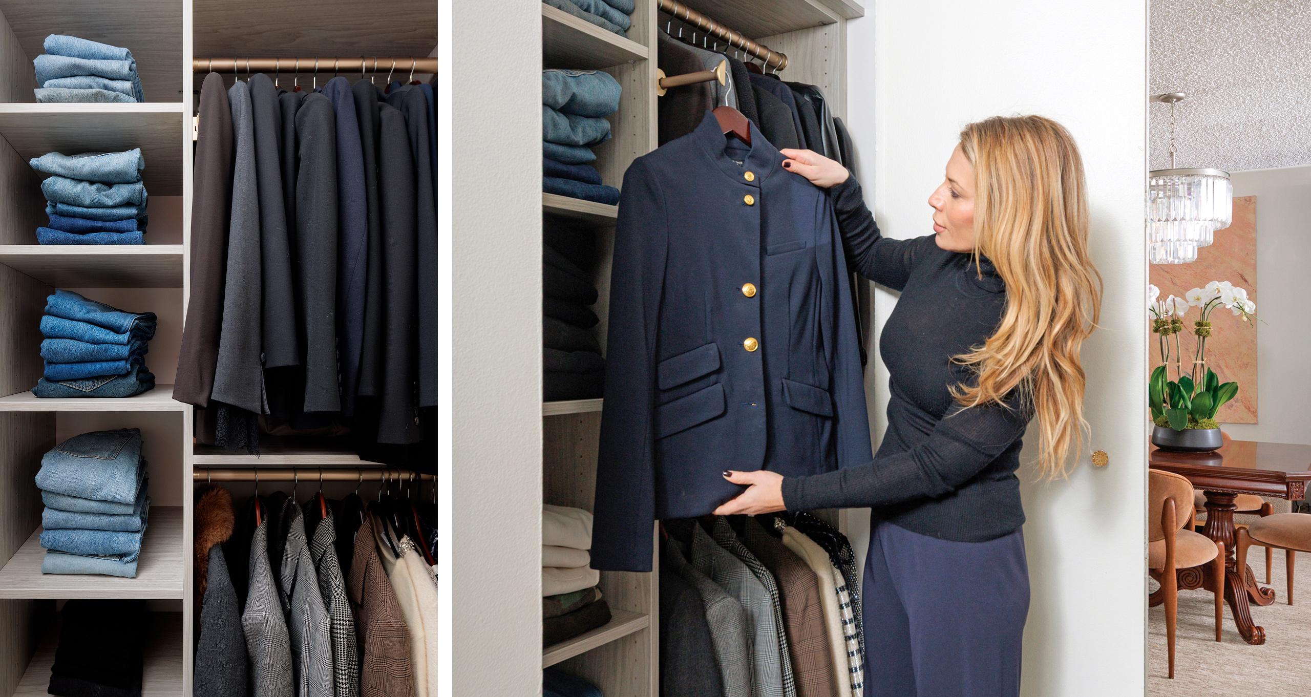 Celebrity makeup artist Daisy Toye's custom reach-in closet designed by California Closets New York City featuring Wood Grain Grigio finish