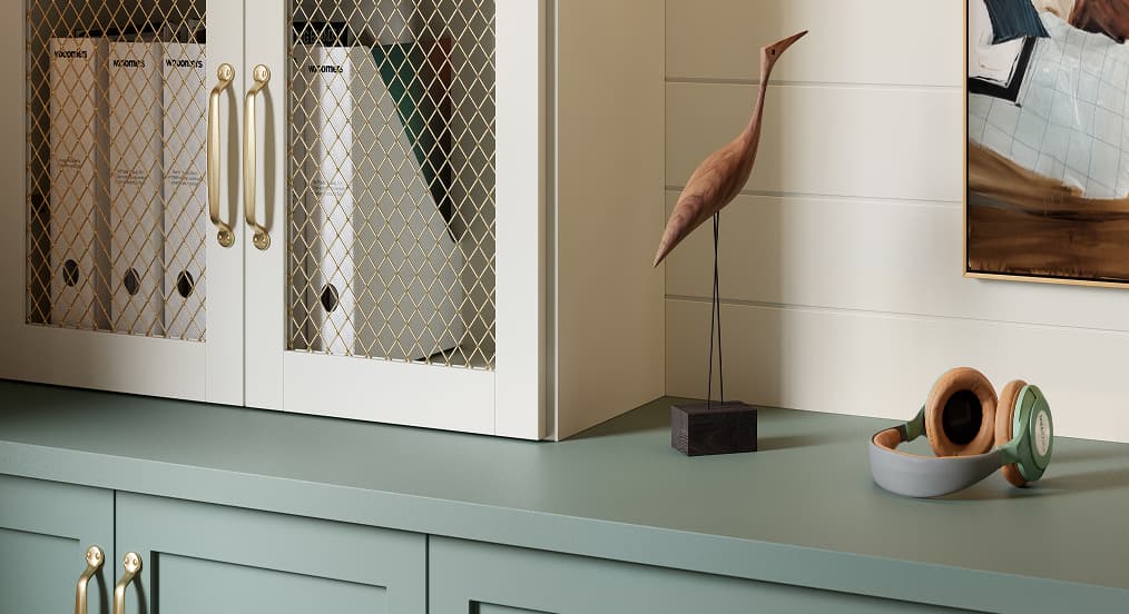 Detalle de gabinete decorativo con puertas de malla y accesorios estilizados | California Closets