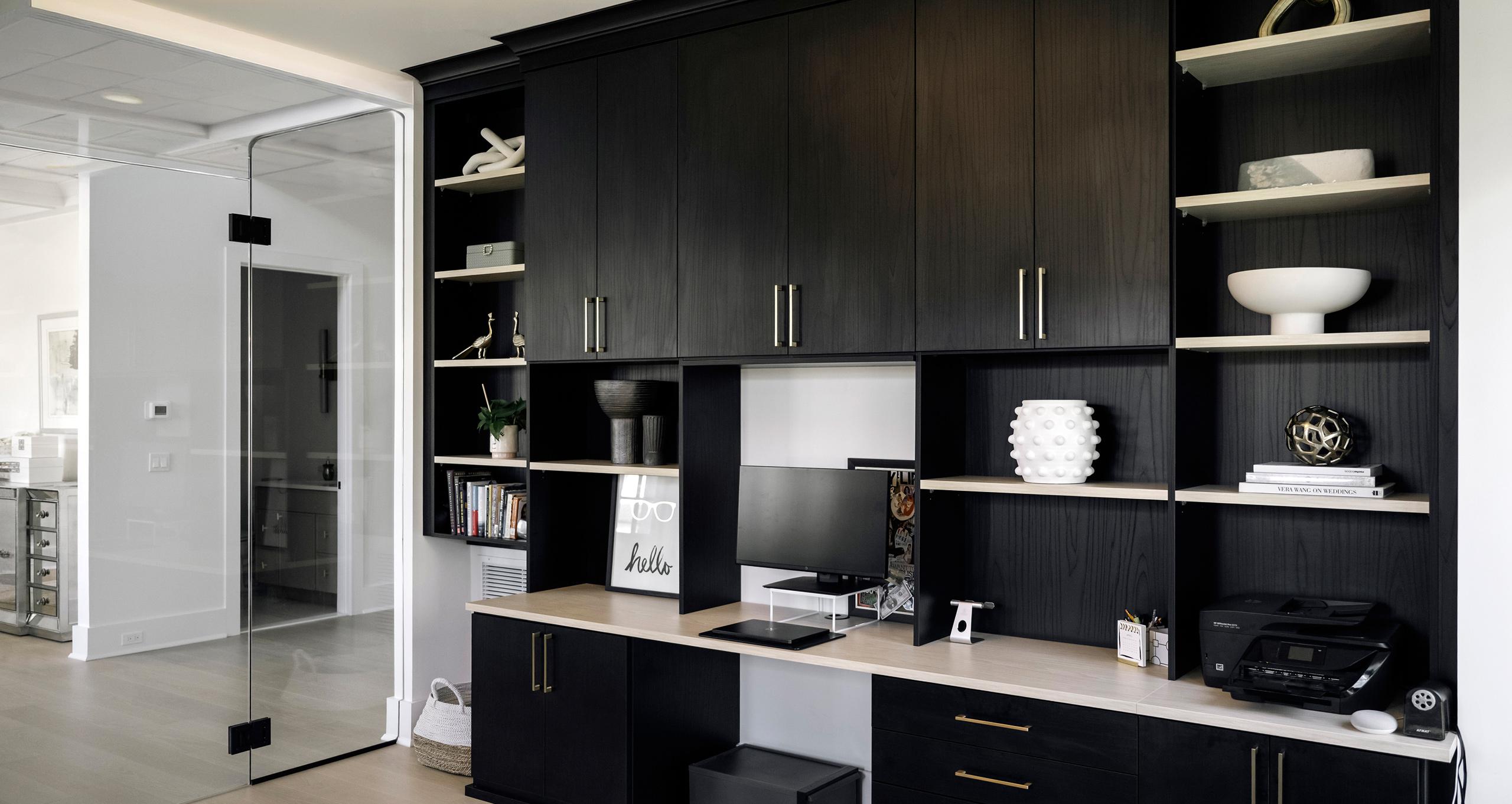 Custom home office design with built-in shelving and desk for podcaster Kanika Gupta by California Closets Northern New Jersey