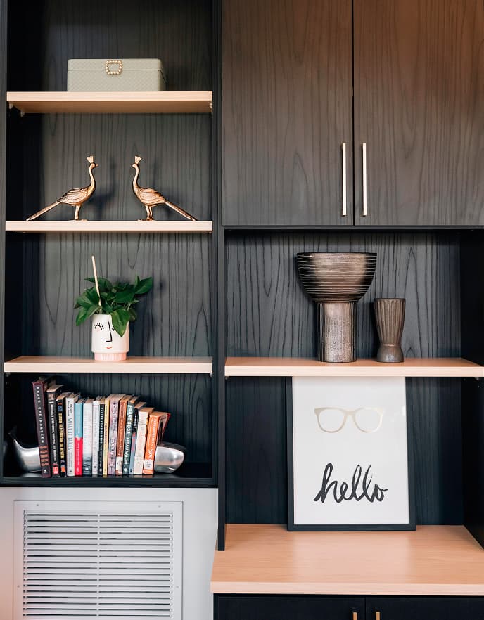 Wall system with open shelving, cabinetry, and soft-close drawers in Kanika Gupta's custom home office