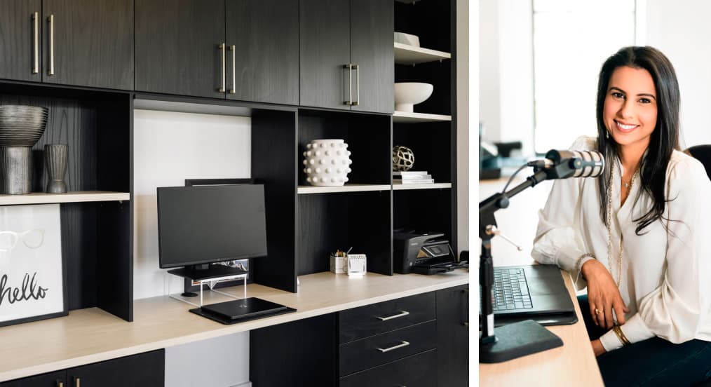 Designated desk area with center niche for laptop and monitor in Shadow Black and Wood Grain Natural finishes