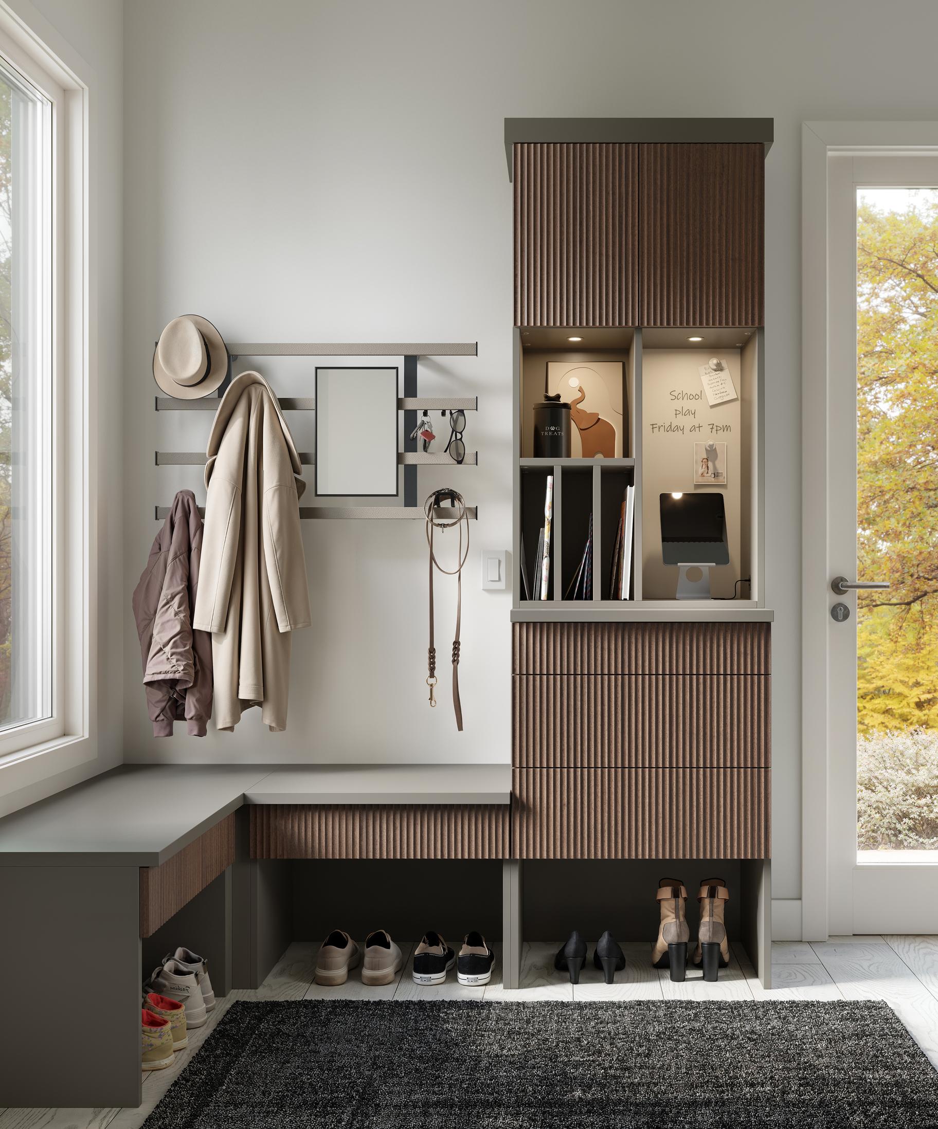 Mudroom with built in benches, shoe shelves, and drawers in a grey finish by California Closets