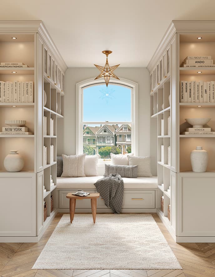 California Closets libreros y gabinetes blanco suave almacenamiento en asiento de ventana