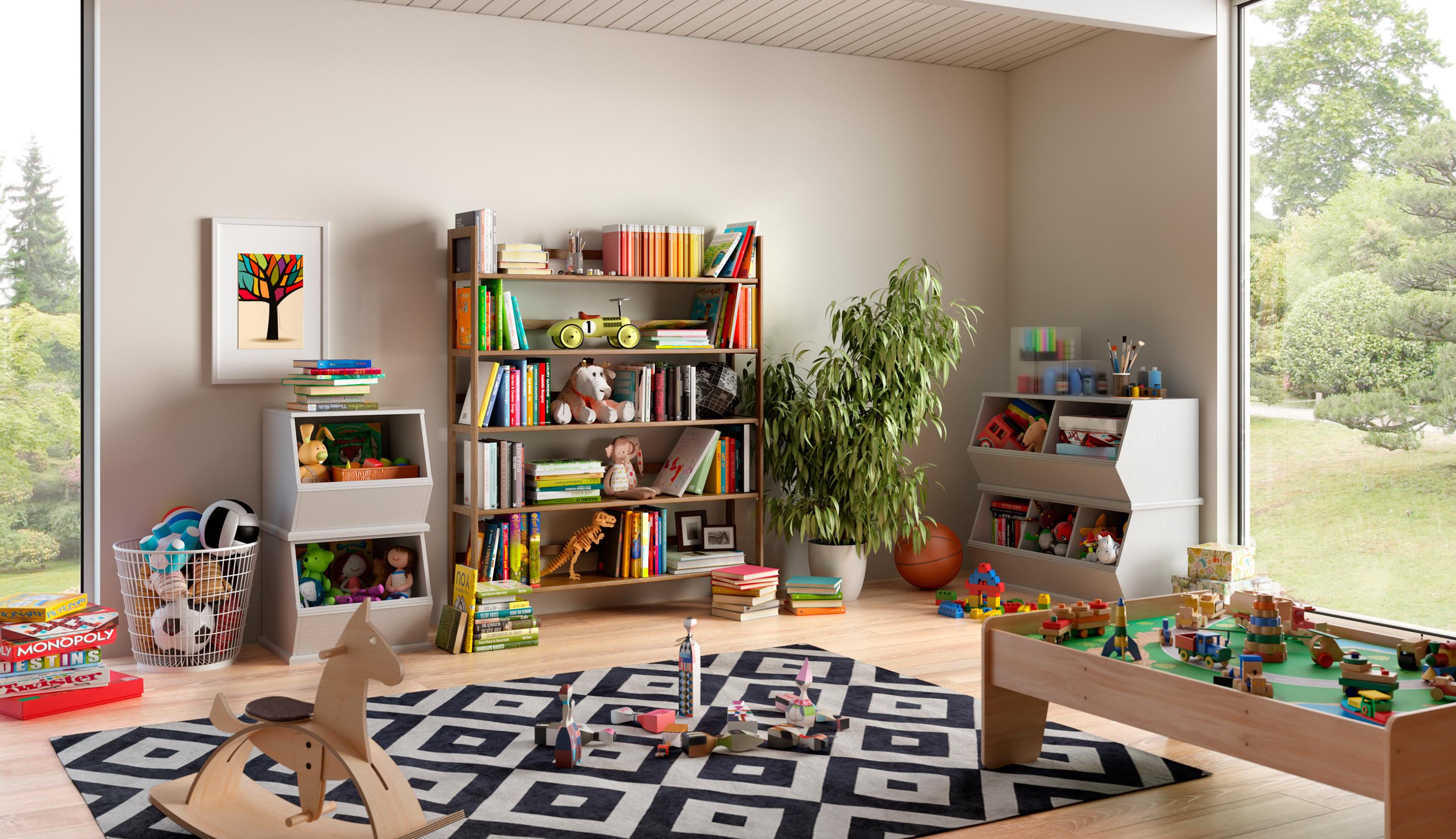 Cluttered family room filled with toys before custom storage solutions were installed by California Closets