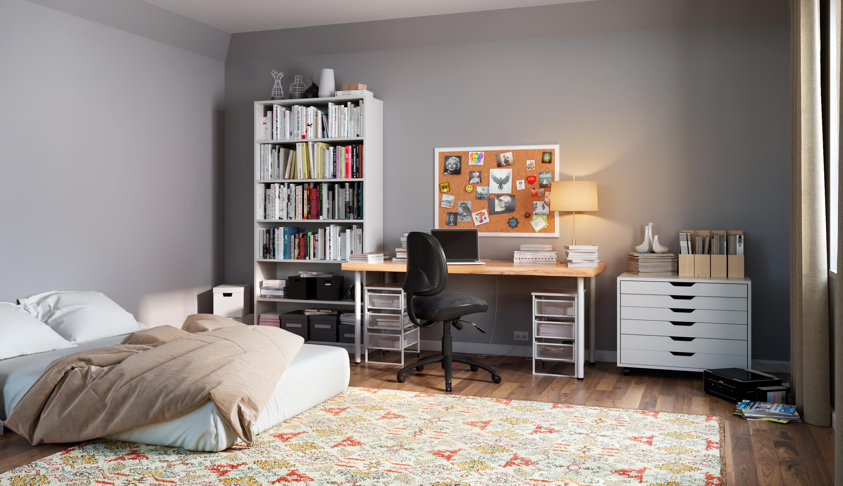 Dormitorio de invitados con escritorio antes de la actualizacion de la distribucion y el almacenamiento por California Closets
