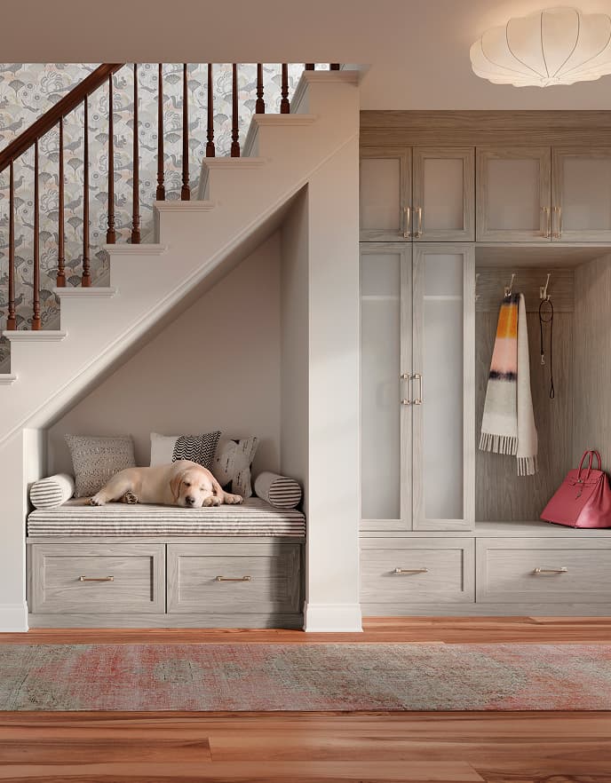 California Closets entry cabinet understairs storage bench