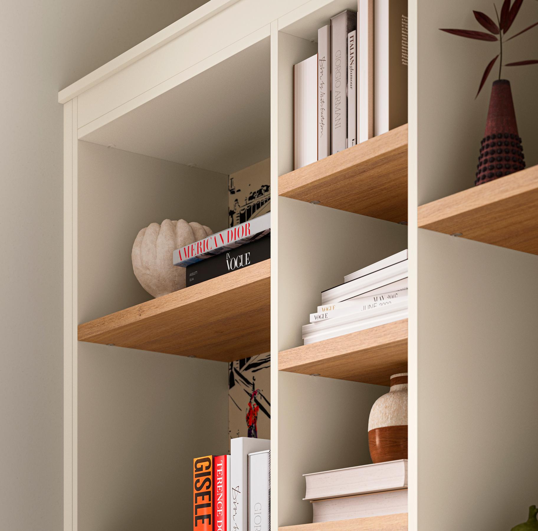 Estanterías empotradas a medida con acabados de estantes en contraste, incluyendo opciones de estantes gruesos, diseñadas para aportar interés visual y mayor presencia a soluciones modernas de almacenamiento por California Closets.