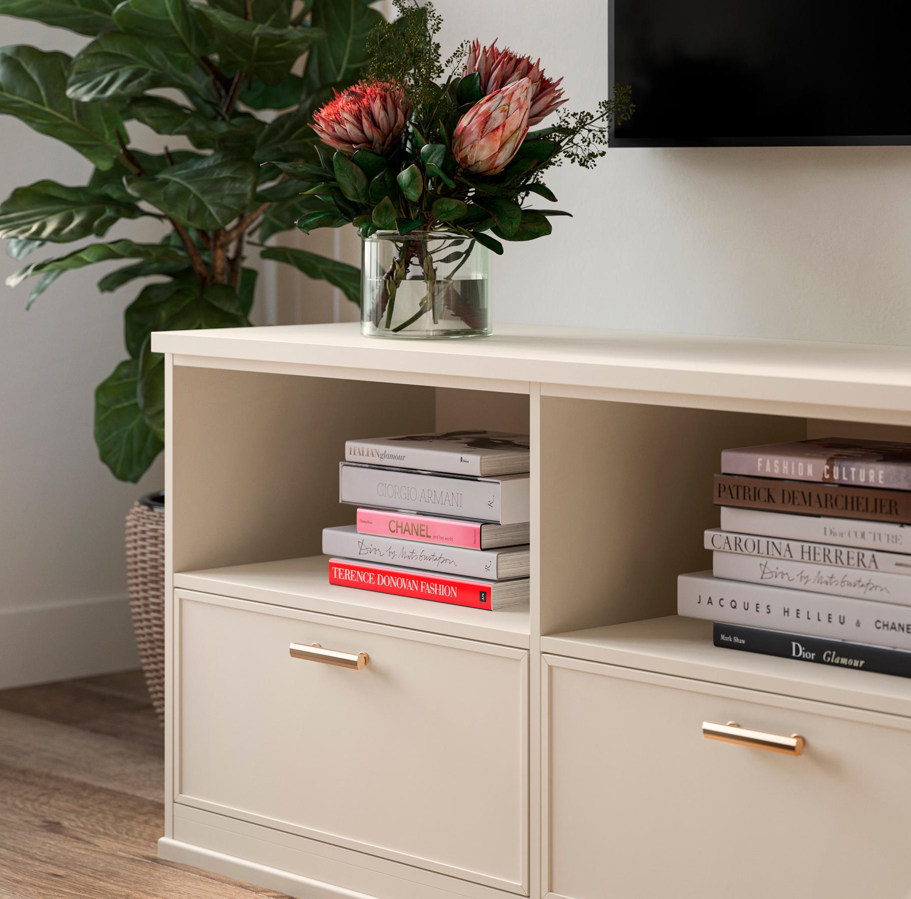 Custom-built media center with shelves and built-in drawers featuring Slim Shaker cabinet fronts, showcasing Shaker and mitered style options designed to seamlessly blend any decor by California Closets