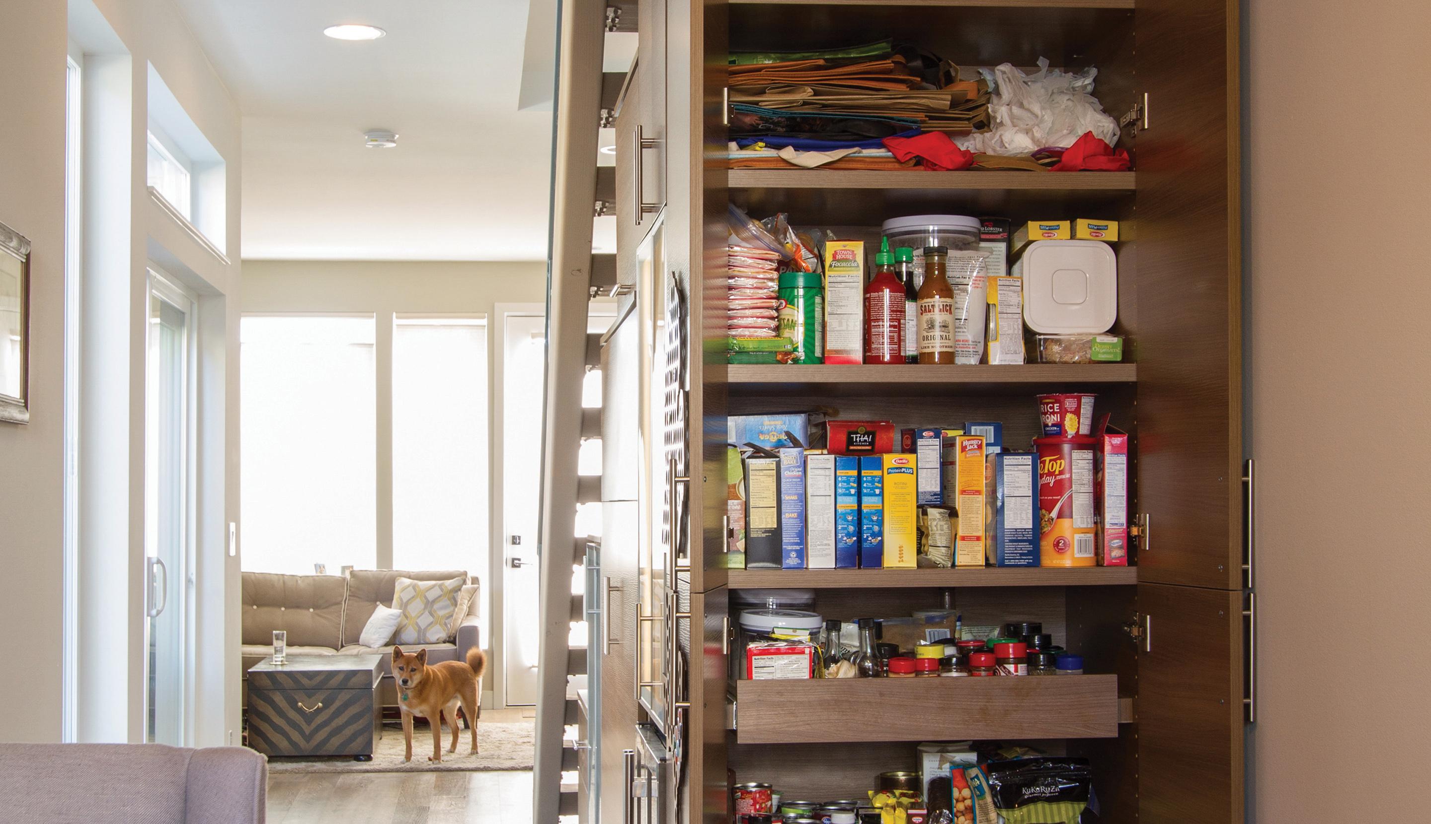 Custom pantry storage installed beneath stairs to maximize unused space by California Closets