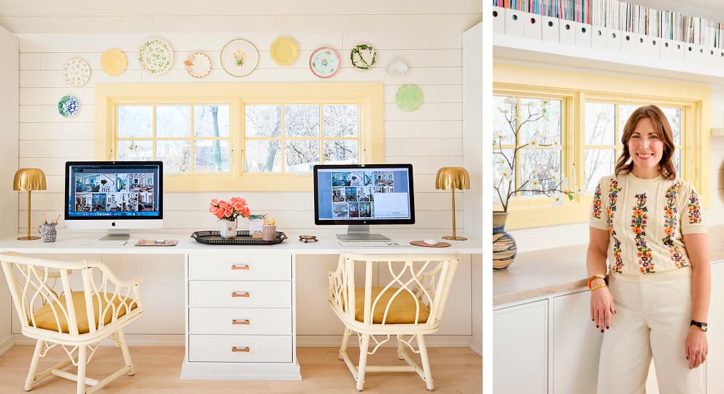 A side-by-side view showing interior designer Jen DeCleene's bright home office with two workstations, custom drawers, and yellow-trimmed windows, next to a portrait of Jen smiling in front of a white California Closets media unit.