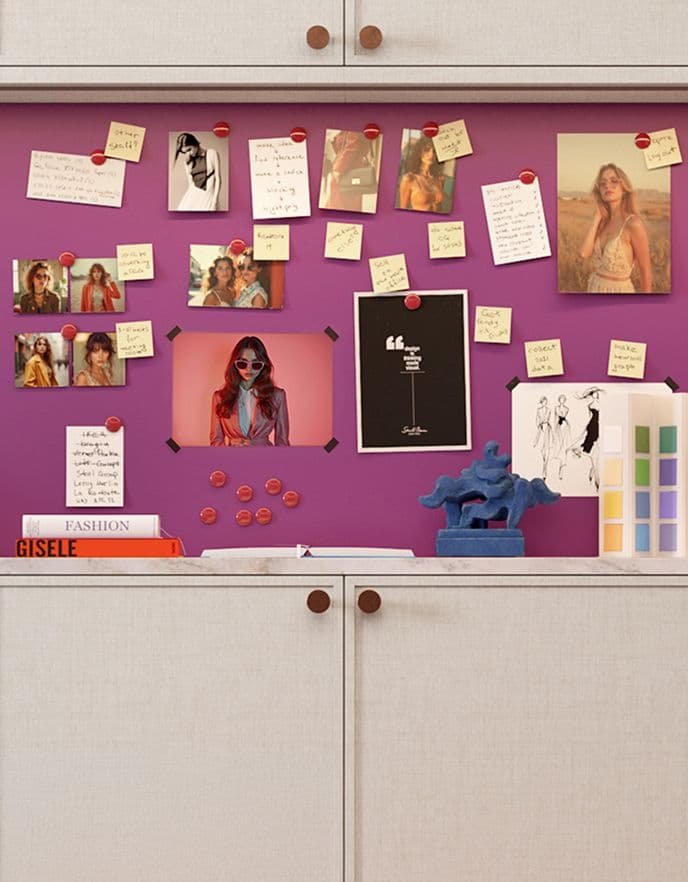 Custom home office workspace featuring a vibrant purple magnetic back-painted glass backpanel used as a creative moodboard with photos and notes.