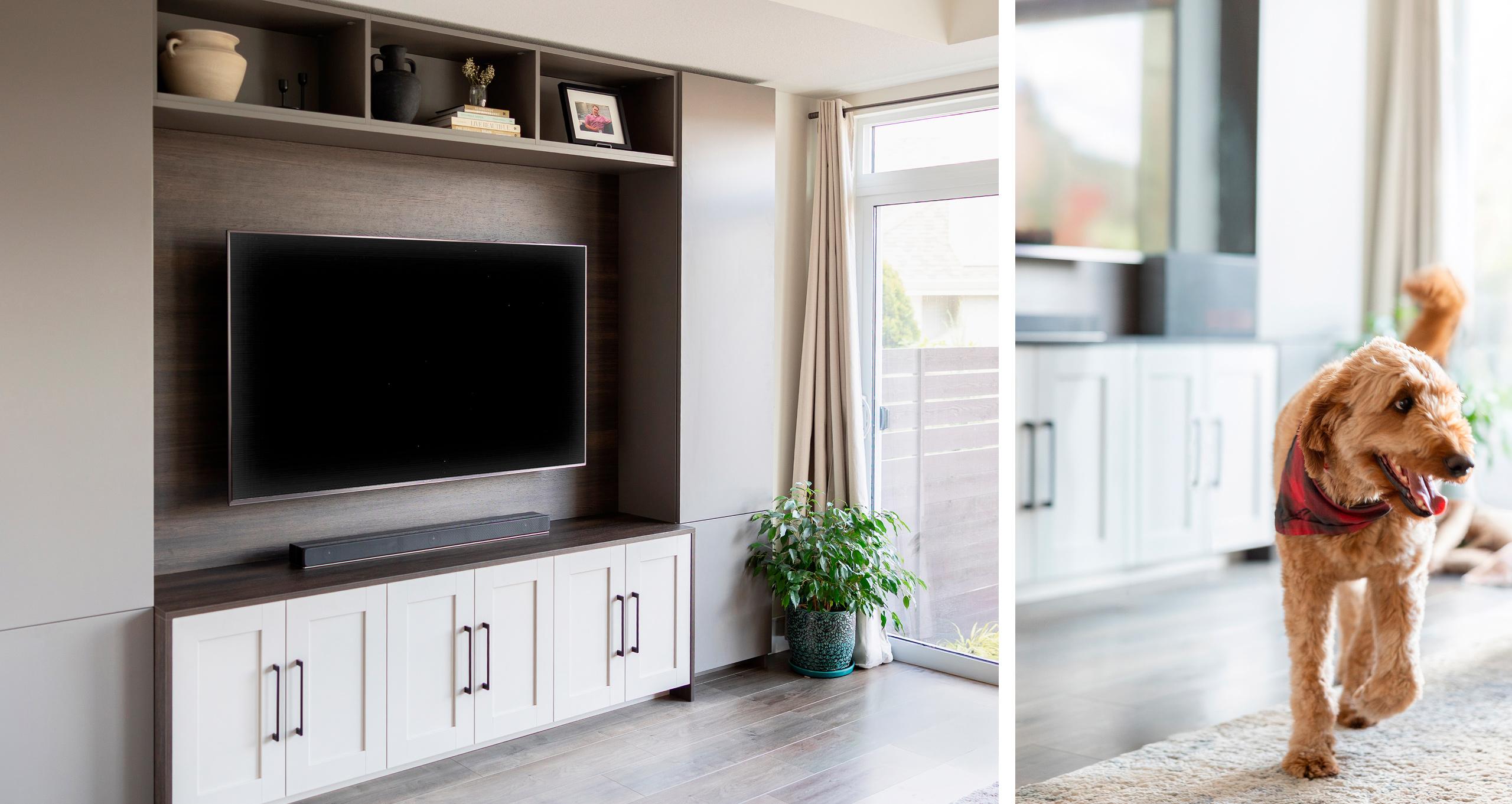 Family room transformation by California Closets featuring a sleek custom media wall unit with integrated display shelves and lower storage cabinets.