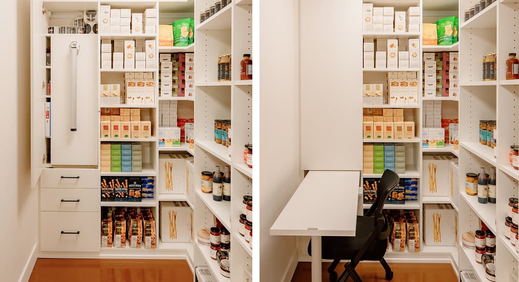 Multifunctional commercial cabinetry by California Closets featuring a space-saving hidden desk and retail backroom office organization.