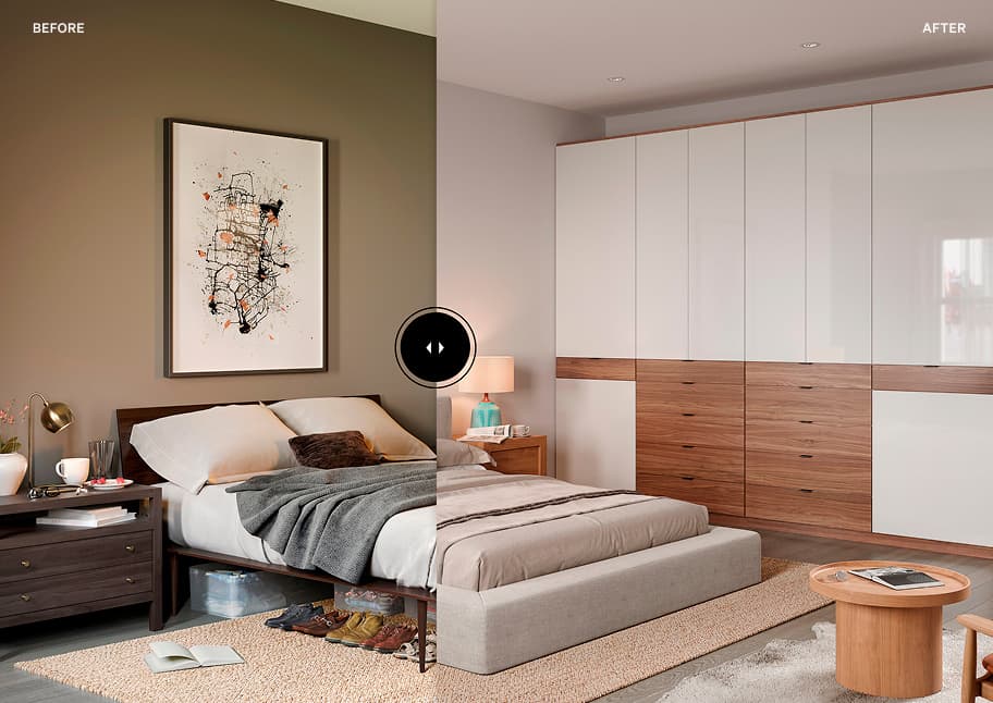 Split before and after view of a modern bedroom wardrobe wall unit transformation by California Closets.
