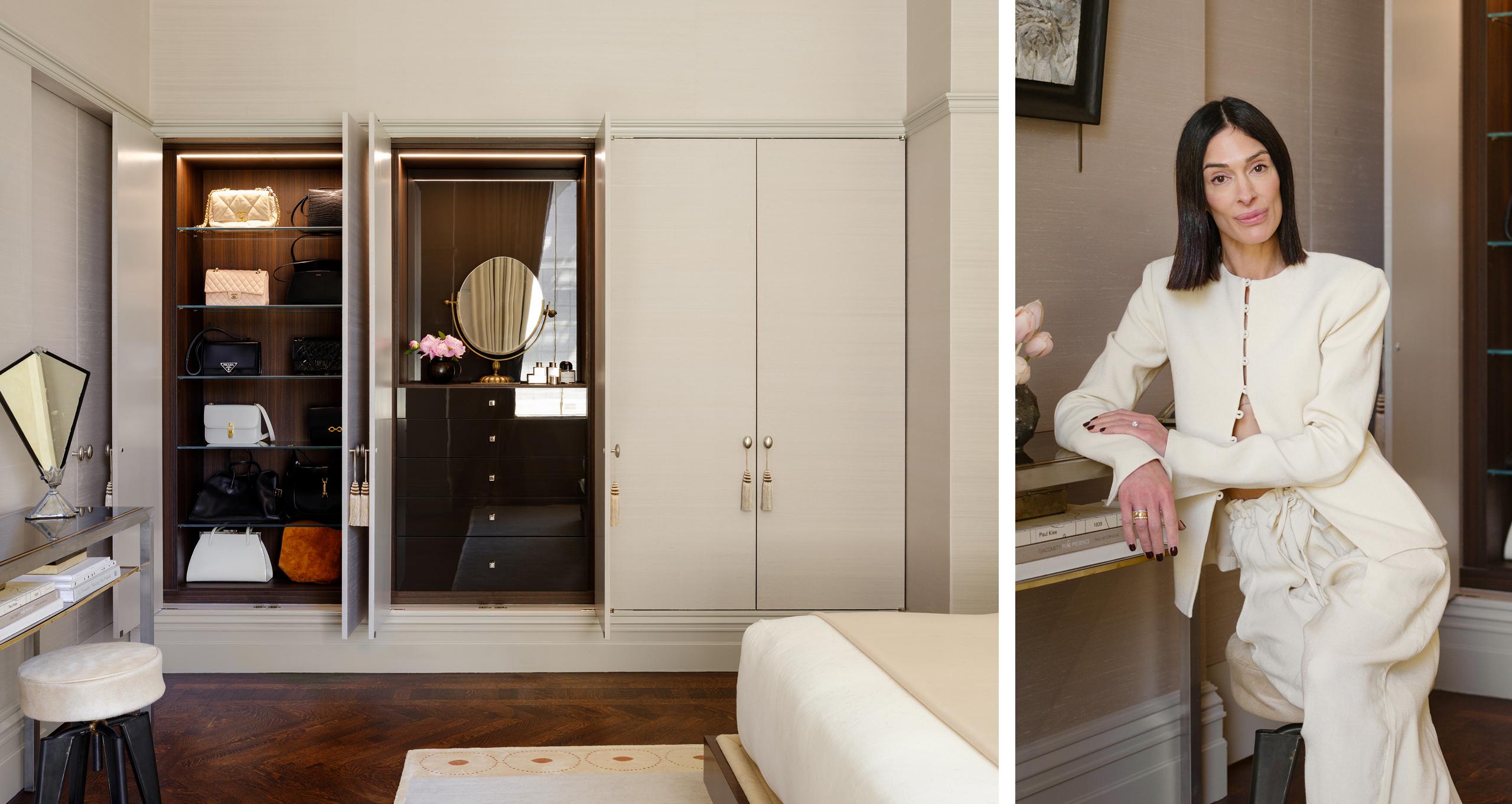 Custom vanity and lit handbag display shelving by California Closets beside Athena Calderone.