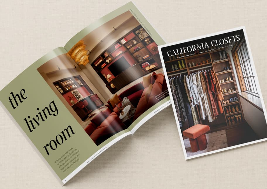 California Closets design catalog and lookbook highlighting custom living room and luxury wardrobe storage solutions.