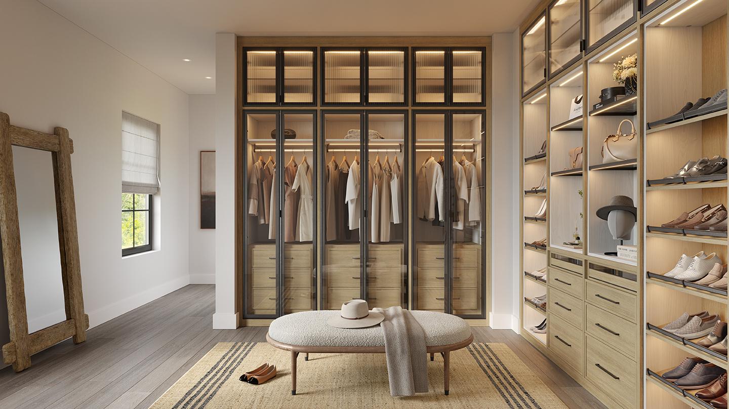 Website hero banner for California Closets showing a luxury walk-in closet with glass-front wardrobes and shoe storage. Overlay text reads "Bring your vision to life" with a "Let's get started" call-to-action button.