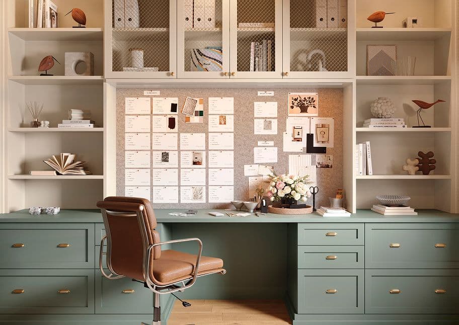 Elegant custom home office built-in desk and organizational shelving unit by California Closets.