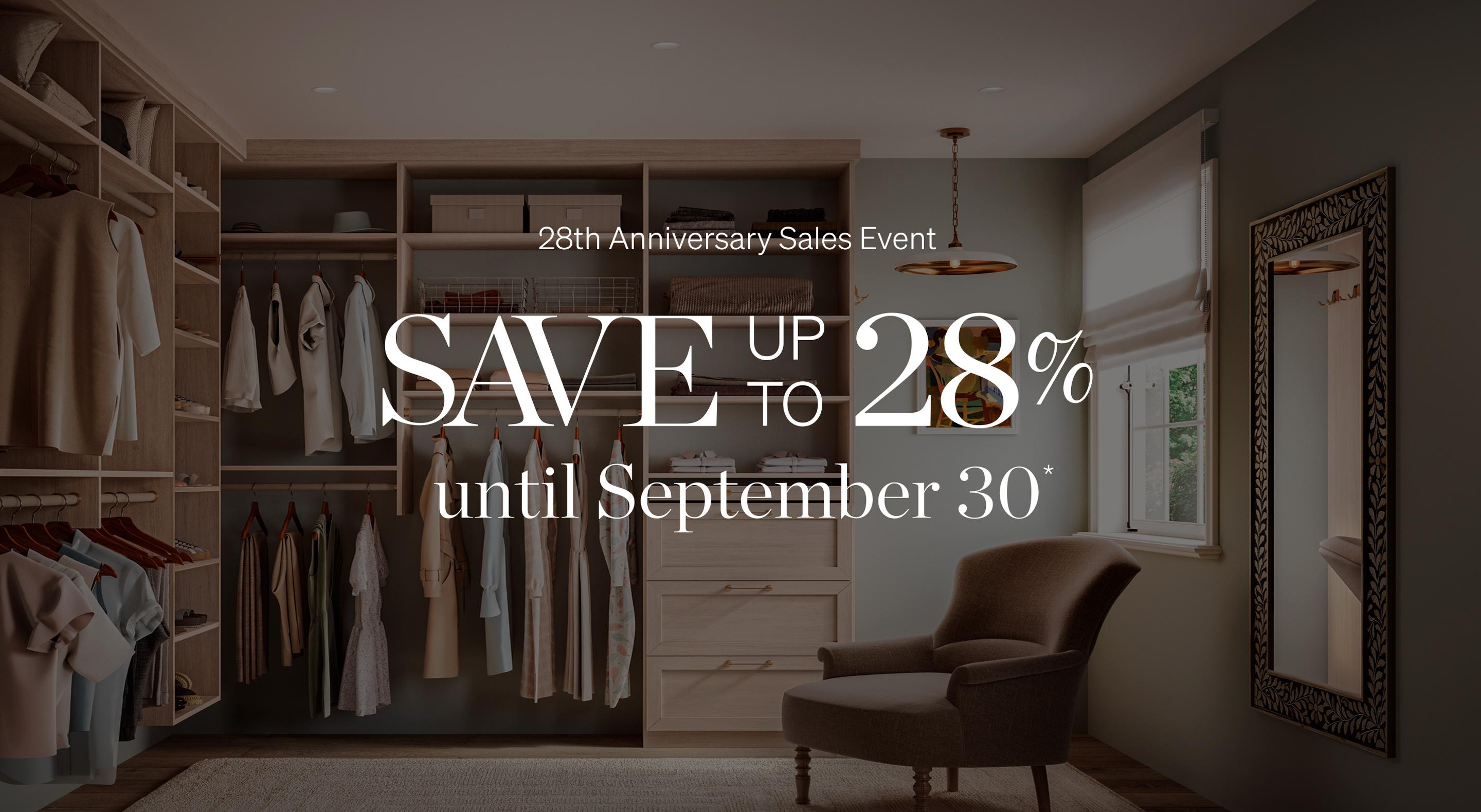 28th Anniversary Sales Event banner offering up to 28% off until September 30 by California Closets