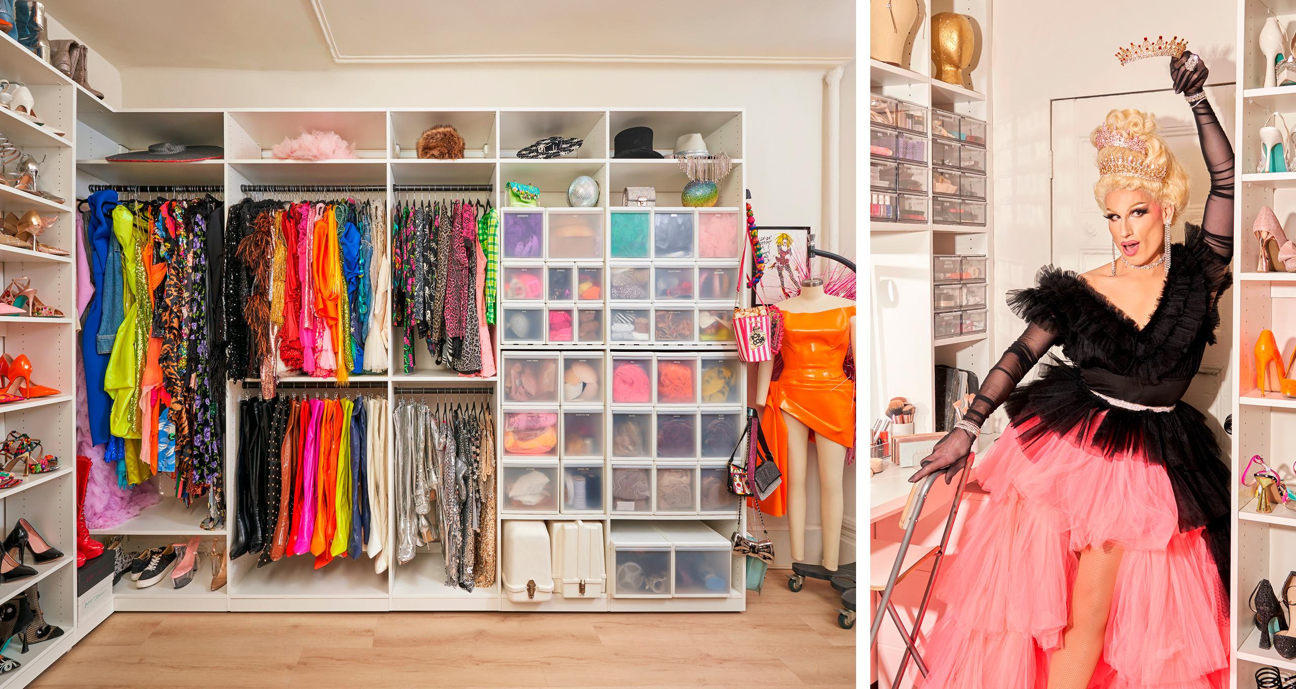 Panel dividido que muestra a DD Fuego con un vestido rosa posando dentro de un vibrante sistema de clóset personalizado de California Closets