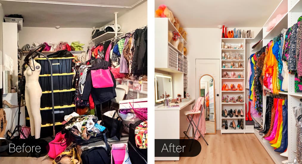 Transformación de antes y después de una habitación desordenada en un clóset vestidor blanco y organizado de California Closets